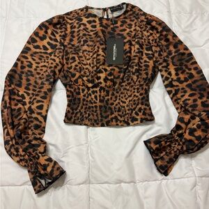 PrettyLittleThing Leopard Print Smocked Blouse